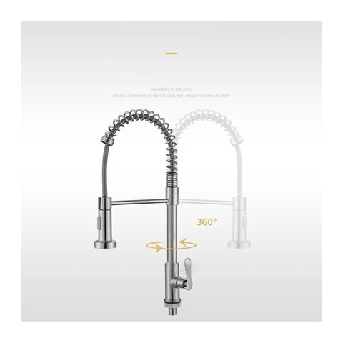 Stainless Steel Kitchen Faucet with Wall-Mounted Spray, Single Handle Cold Water Sink Tap for Top Mount Kitchen Sinks, Design for Modern Kitchens, showcasing 360-degree swivel neck.