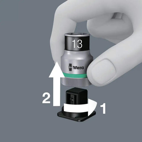Close-up of 13mm socket from 9 Piece Torx Bit Socket Set On Durable Textile Belt With Holding Function One Quarter Inch Drive Portable Tool