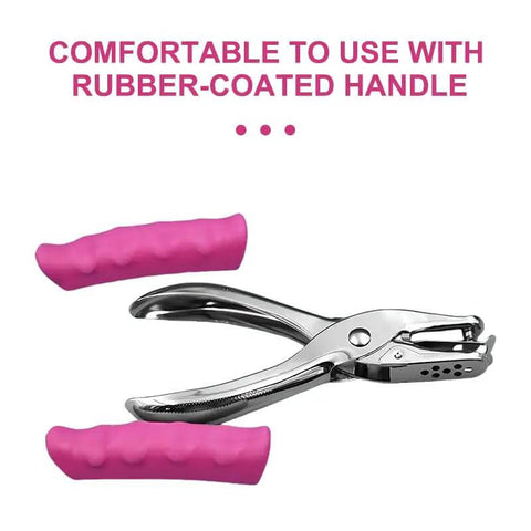 No Fuss Easy Grip One Quarter Inch Hole Punch With Scraps Tray, pink rubber-coated handles for crafts and binders use.