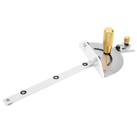 Killer Precision Miter Gauge With Sweet Brass Handle For Table Saw And Router Table Delivering Dead On Accuracy And Clean Woodworking Cuts Across Twenty Seven Angle Stops, showing the gauge with brass grip and adjustment features.