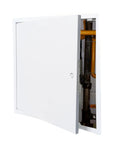 Badass Thick Steel Access Panel With Slick Screwdriver Latch Lock And No Sweat Drywall Install Mounting Brackets For Home Repairs And Tight Wall Openings In White Heavy Duty Construction Covers Standard Square Cutouts Perfectly, 12x12 inch open access panel revealing plumbing.