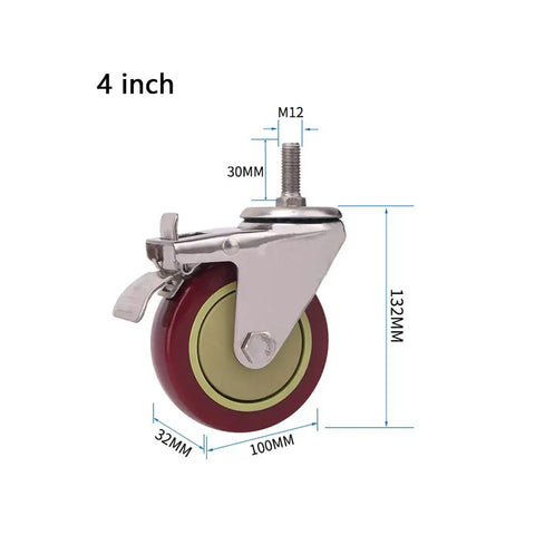 4 inch Heavy Duty Silent Caster Wheels M12 X 30Mm Stem with dual bearing and easy engage lock brake.
