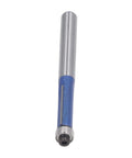 Heavy Duty Flush Trim Router Bit With Carbide Cutter And Top Bearing Guide For Smooth Woodworking Trimming And Chamfering Tasks Using 1/4 Inch Shank Tool, features a blue and silver design.