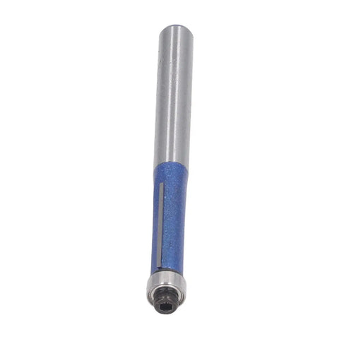 Heavy Duty Flush Trim Router Bit With Carbide Cutter And Top Bearing Guide For Smooth Woodworking Trimming And Chamfering Tasks Using 1/4 Inch Shank Tool, features a blue and silver design.