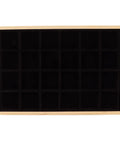 Dope Black Wooden Jewelry Tray With 24 Soft Padded Slots For Rings Bracelets Bangles And Chains Scratch Resistant Storage Holder Box viewed from above.