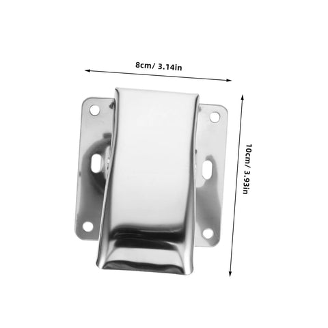 Front view of stainless steel fish cleaning clamp with side mounting flanges; 8 cm wide by 10 cm tall.