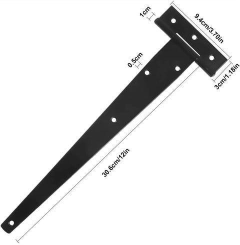 Heavy Duty 12 Inch T Hinges Two Pack Steel Barn Gate Hardware With Screws For Shed Doors And Outdoor Wood Projects Ridiculously Tough And Ready To Handle Any Job Site Challenge, showing measurements.