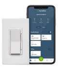Smart Wi Fi Fan Speed Controller With No Hub Lets You Run Four Speeds From Anywhere Using The Smart Home App Schedule Sunrise Sunset Not For Light Kits Needs DW6HD Dimmer shown with app interface.