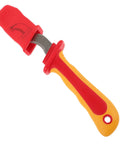 Heavy Duty Wire Stripper With Thick Insulated Handles Top Shelf Electrical Wire Cutter And Precision Stripping Tool Universal Pro Powerhouse For Tradesmen with red and yellow ergonomic handle.