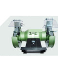 Badass Multi Function Bench Grinder And Electric Knife Sharpener Featuring Thick Polishing Grinding Wheel Cast Iron Base Fast Rolling Shop Workhorse For Wood Metal Jobs front view of green bench grinder with safety shields.