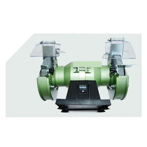 Badass Multi Function Bench Grinder And Electric Knife Sharpener Featuring Thick Polishing Grinding Wheel Cast Iron Base Fast Rolling Shop Workhorse For Wood Metal Jobs front view of green bench grinder with safety shields.