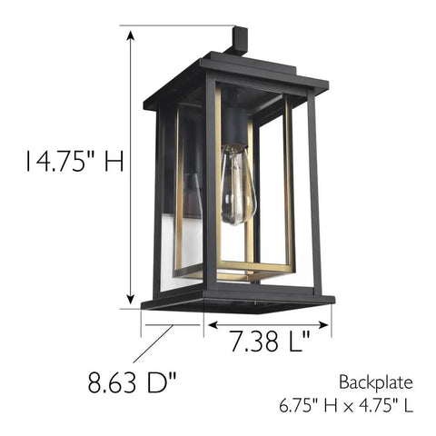 Hayward 1 Light Indoor Outdoor Wall Light With Clear Glass Dimmable Sleek Black And Gold Finish Weatherproof Steel dimensions