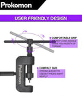 Prokomon chain breaker tool; black C-clamp style with gray rod, front view showing handle and screw for chain link removal