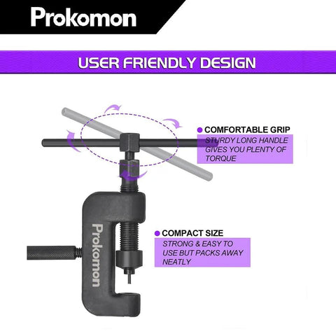 Prokomon chain breaker tool; black C-clamp style with gray rod, front view showing handle and screw for chain link removal