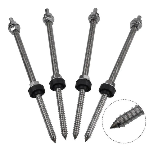 Tough As Nails M10 Hanger Bolts With Rubber Washers Locking Nuts Plus Adapters For A2 Stainless Steel Solar Panel Mounting Hardware No Sweat Install 20Cm And 25Cm Lengths, showing four stainless steel bolts with rubber washers.