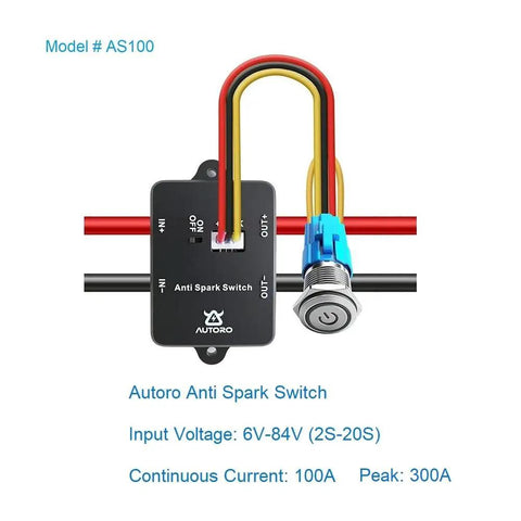 Anti Spark Power Switch 100A 84V DC With XT90 Connector For ESCs And RC Vehicles Beefy High Current Spark Free Protection For LiPo 2S To 20S, 10AWG Wires, S16 Metal Auto Block, Great For Electric Skateboards, RC Cars, Boats And EBikes