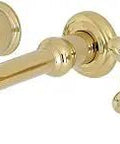 English Country Two Handle Wall Mount Bathroom Faucet In Polished Brass, Solid Brass Construction, Drip-Free Ceramic Disc Cartridge