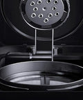 Close-up view of Barista Style Home Coffee Maker With Seven Cup Capacity And Timer Function Boil Dry Protection 680 Watts Reusable Washable Permanent Filter Easy To Clean Black showing internal components and filter design.