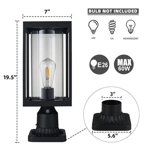 Dusk To Dawn Outdoor Post Light Fixture With 5.6 Inch Pier Mount Base Matte Black Aluminum Lantern for Yard Garden Pathway