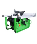 Knockout 10 Inch Mini Table Saw With Sleek Sliding Table And Dust Free Design For Smooth Woodworking Cuts Rigged With A Badass 2200W Motor, green body, side view, compact design.