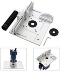 Shop Grade Aluminum Router Table Insert Plate Set Of Three with CNC scribed gauge strip for electric wood routers shown on table.