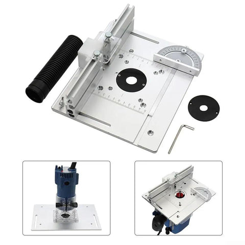 Shop Grade Aluminum Router Table Insert Plate Set Of Three with CNC scribed gauge strip for electric wood routers shown on table.