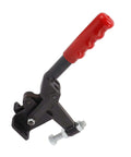 Built Tough Toggle Clamp In Carbon Steel, Heavy Duty 1543 Lb Capacity With 180 Degree Bar Rotation, red handle tight close-up