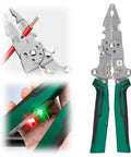 All-In-One Foldable Wire Stripper With Voltage Tester showing stripping blade, ergonomic handles, and LED indicator lights