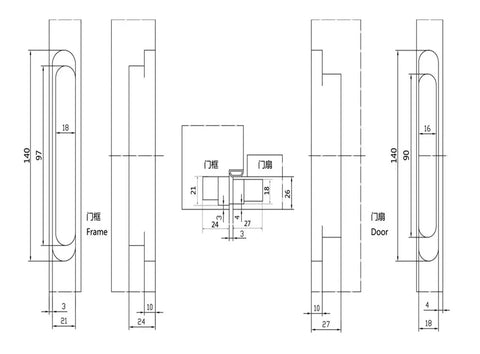 Technical drawing of Zinc Alloy 180 Degree 3D Adjustable Concealed Door Hinge dimensions.