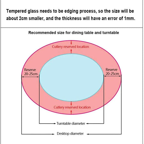 Diagram showing recommended size for tempered glass rotating tray round lazy Susan for dining table.