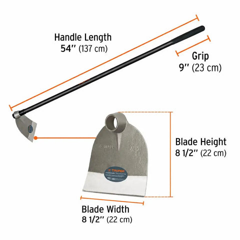 Lane Hoe No 3 With 54 Inch Fiberglass Handle And Forged One Piece Head For Heavy Duty Garden And Farm Soil Prep Eight And A Half Inch Blade Two Point One Pound Head Weight Polished Pre Sharpened Edge shown with dimensions.