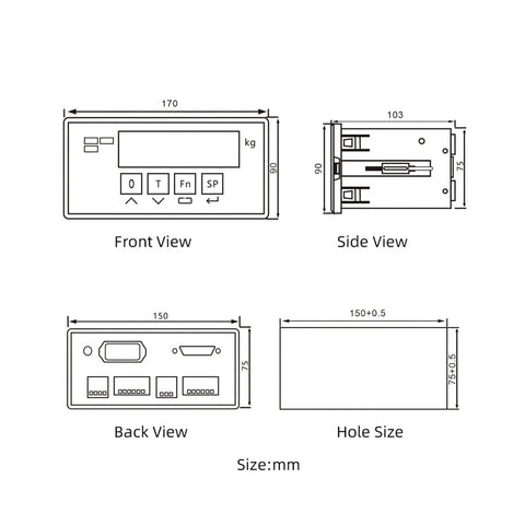 PSD3108 High Precision Load Cell Display And Industrial Weighing Controller technical drawing with dimensions