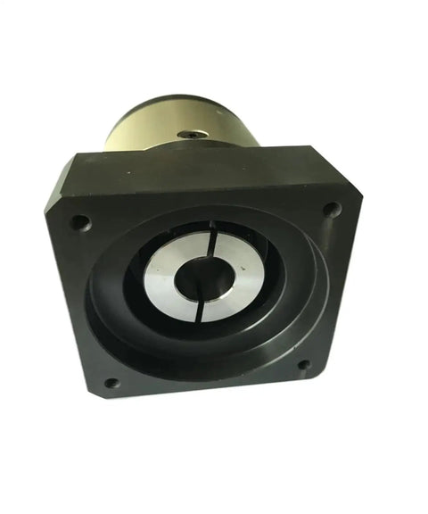 Slick Eight Arcmin Planetary Reducer Gearbox With Eighty Millimeter Round Flange built for Nema34 motors, black housing, front view.