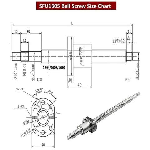 SFU1605 Ball Screw Kit size chart diagram, showing dimensions and structure for Precision Silver SFU1204 And SFU1605 Ball Screw Kit With Accompanying Nut Perfect For High Temp CNC Machines Featuring 4mm Or 5mm Pitch For Smooth Motion And Serious Accuracy In Your Shop.