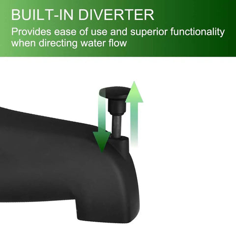 Close-up of Matte Black Slip Fit Tub Spout With Diverter Bathroom Faucet Wall Mount One Half Inch Slip On Copper Tubing.