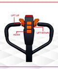 Top Rated 48 Inch By 27 Inch Full Electric Pallet Jack With Lithium Ion Battery 3300 Lb Capacity 24 Volt 30 Ah handle and controls