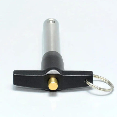 Marine Grade Stainless Steel Ball Lock Pins Quick Release Indexing Spring Positioning Safety Dowels 5/8 By 4 Inch Long view from top with ergonomic handle.