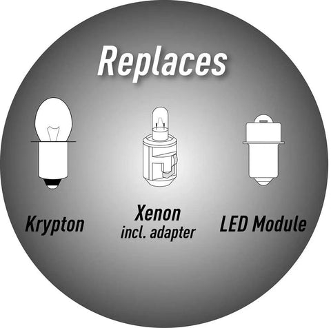 Diagram showing 2 Mode LED Upgrade Module For Maglite Torches 3 To 6 C D Cells alongside Krypton and Xenon bulbs