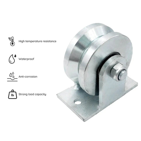Knockout 4 Inch Galvanized Steel V Groove Gate Wheel With Welded Bracket Handles 3000 Pounds Loaded Down Hard With Premium Sealed Bearings, side view showing durable design.