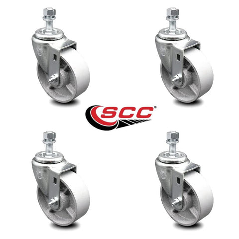 Set of 4 Service Caster swivel threaded-stem casters with 4 in x 1.25 in silver wheels and 1/2 in stems.