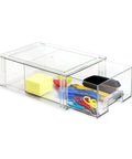 Clear Stackable Organizer Drawer Set With 1 Medium And 1 Large Box For Home Office Closet And Shoes BPA Free Plastic Storage Boxes With Pull Out Design Fridge Safe Grab And Go Modern Minimalist Storage Solution showing contents