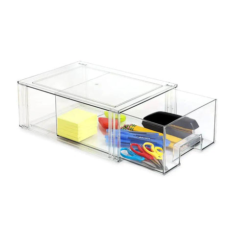 Clear Stackable Organizer Drawer Set With 1 Medium And 1 Large Box For Home Office Closet And Shoes BPA Free Plastic Storage Boxes With Pull Out Design Fridge Safe Grab And Go Modern Minimalist Storage Solution showing contents