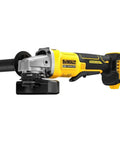 Rock Solid 20V Max Brushless Cordless Angle Grinder With 4 Inch Guard and Responsive Paddle Switch side view with black handle.