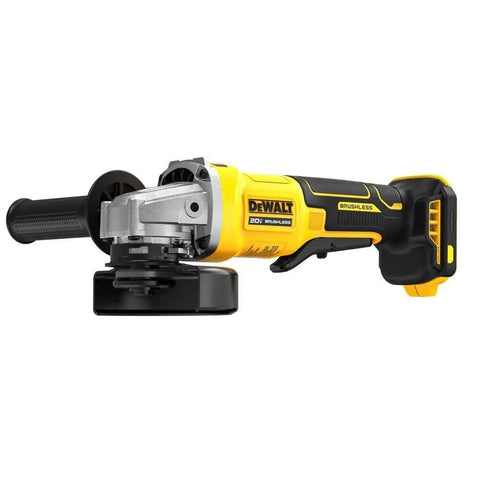 Rock Solid 20V Max Brushless Cordless Angle Grinder With 4 Inch Guard and Responsive Paddle Switch side view with black handle.