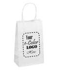 White Kraft Custom Printed Paper Bags With Twisted Handles And Square Bottom 5.25 X 3.25 X 8.5 Inches 500 Pack Single Color Artwork Only High Resolution Artwork Required Ideal For Shopping Gifts Parties Merch And Trade Shows with example logo
