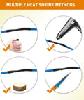 Multiple methods for using Heat Shrink Tubing Kit With Adhesive Lined Marine Grade Tubes shown with lighter, heat gun, candle, and torch pen.