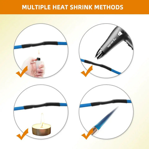 Multiple methods for using Heat Shrink Tubing Kit With Adhesive Lined Marine Grade Tubes shown with lighter, heat gun, candle, and torch pen.