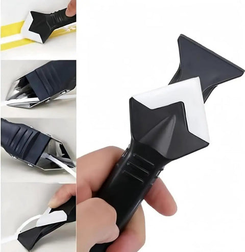 Three In One Caulking Tool With Stainless Steel Head for glass glue scraping and sealant removal shown in hand with attachments