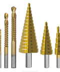 Kick Your DIY Projects Up A Notch With This Awesome 6 Piece Step Drill Bit Set Perfect For Metal Wood And Plastic Featuring Versatile 4 To 32mm Steps Plus Nasty 3 6 And 8mm Saw Bits To Make Smooth Clean Holes Without Any Hassle Today. 6 gold step drill bits with size markings for metal, wood, and plastic