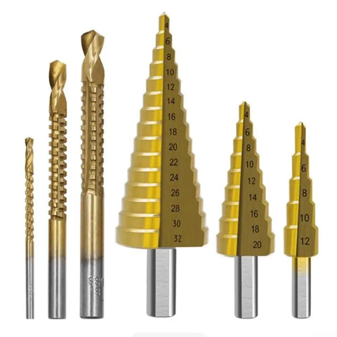 Kick Your DIY Projects Up A Notch With This Awesome 6 Piece Step Drill Bit Set Perfect For Metal Wood And Plastic Featuring Versatile 4 To 32mm Steps Plus Nasty 3 6 And 8mm Saw Bits To Make Smooth Clean Holes Without Any Hassle Today. 6 gold step drill bits with size markings for metal, wood, and plastic